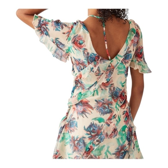 ANTHROPOLOGIE White Soft Floral Short Sleeve Ruffle Tie Back Mini Dress Medium - Picture 7 of 14